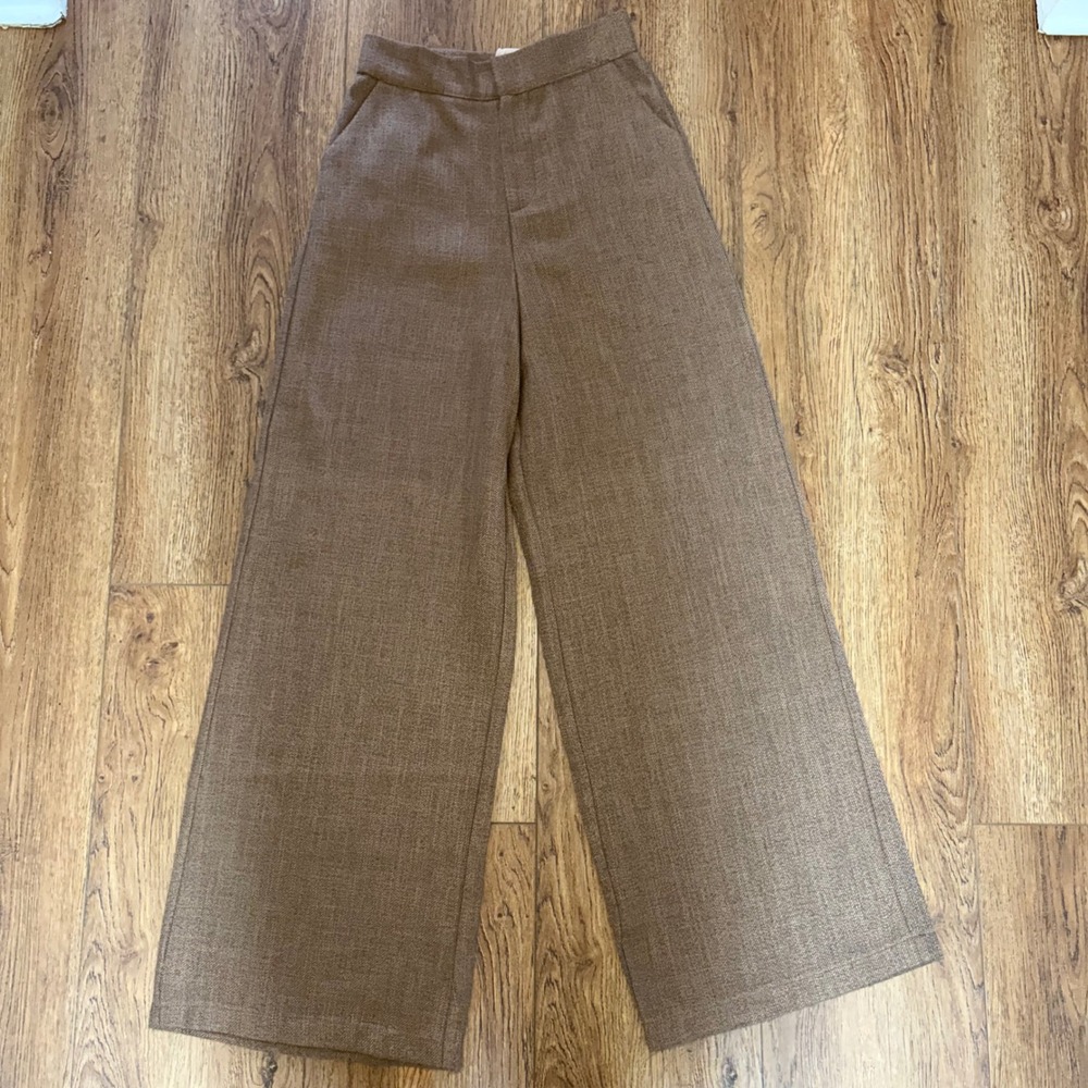Showpo Womens Brown Tweed High Waisted Wide Leg Trousers Size 6 chic minimalist